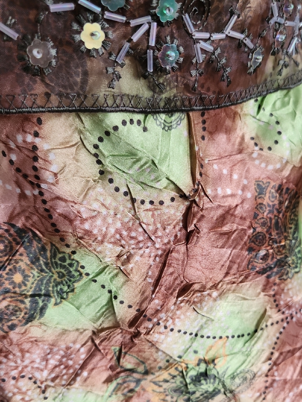ANXIETY Y2k Beaded Waist Floral Satin Cami Tank Top - Green & Brown - Picture 8 of 10